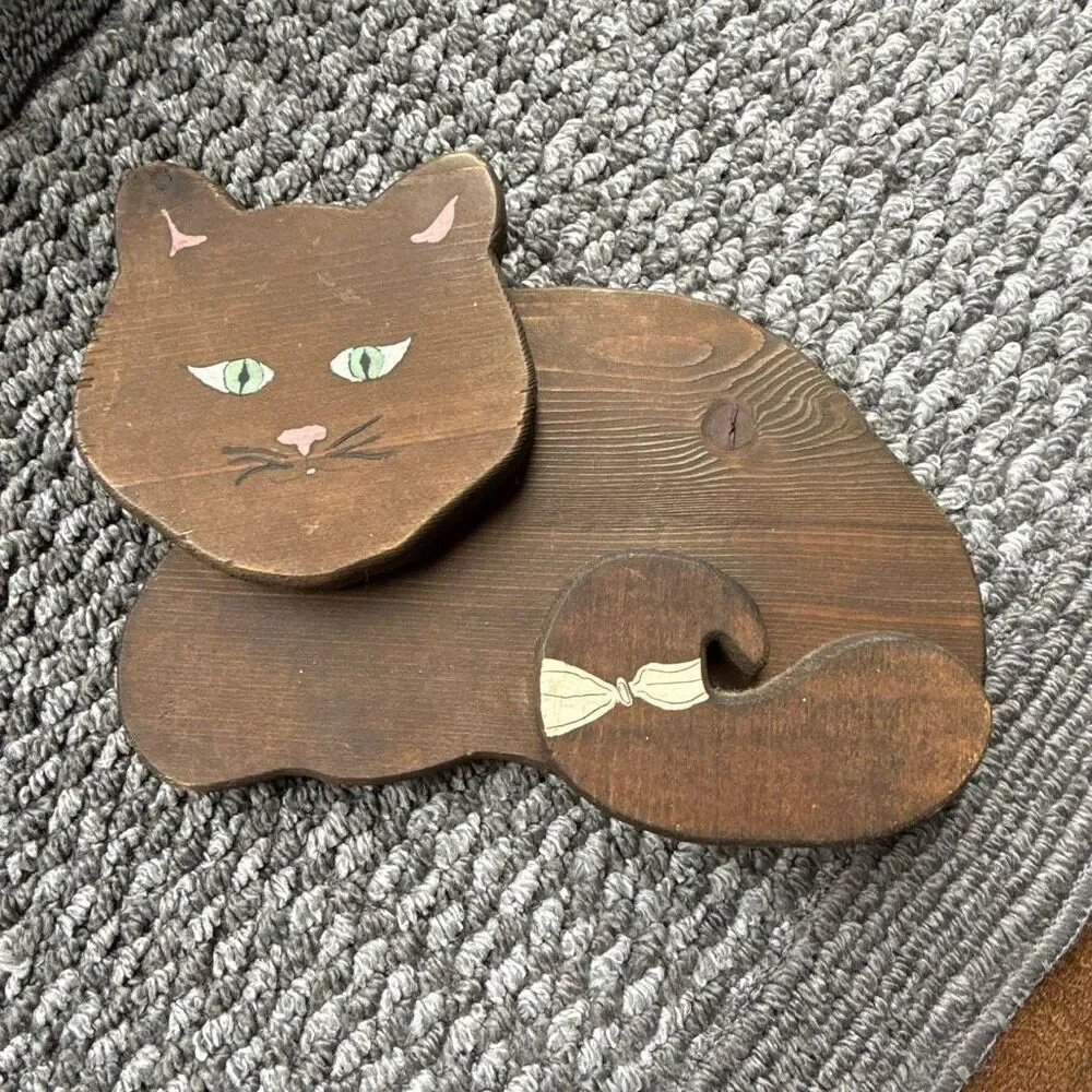 Vintage Wooden cat handmade and painted brown 11 inches folk art kitschy crazy c